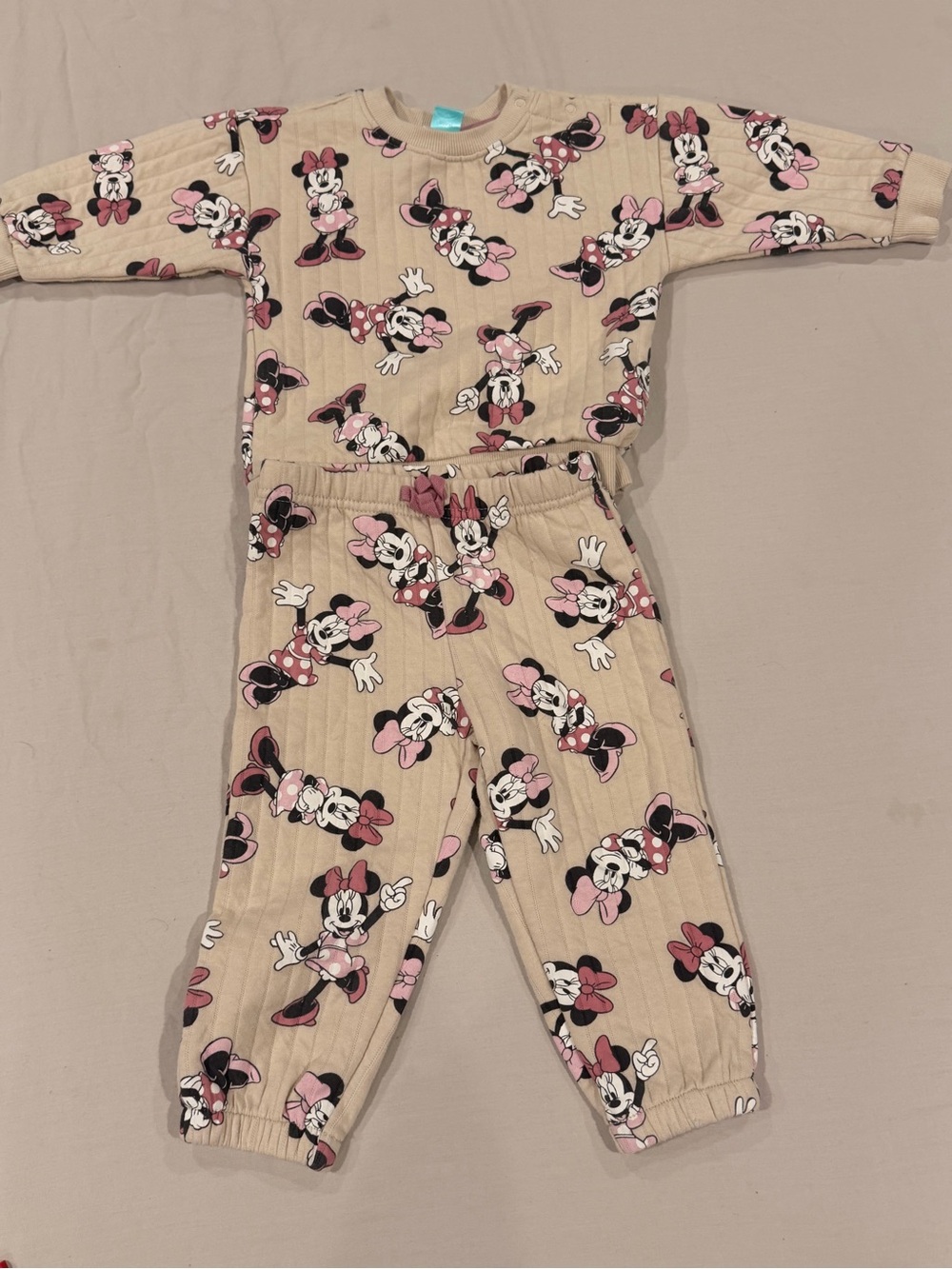 Disney Beige Minnie Mouse Pajama Set with Pink Accents